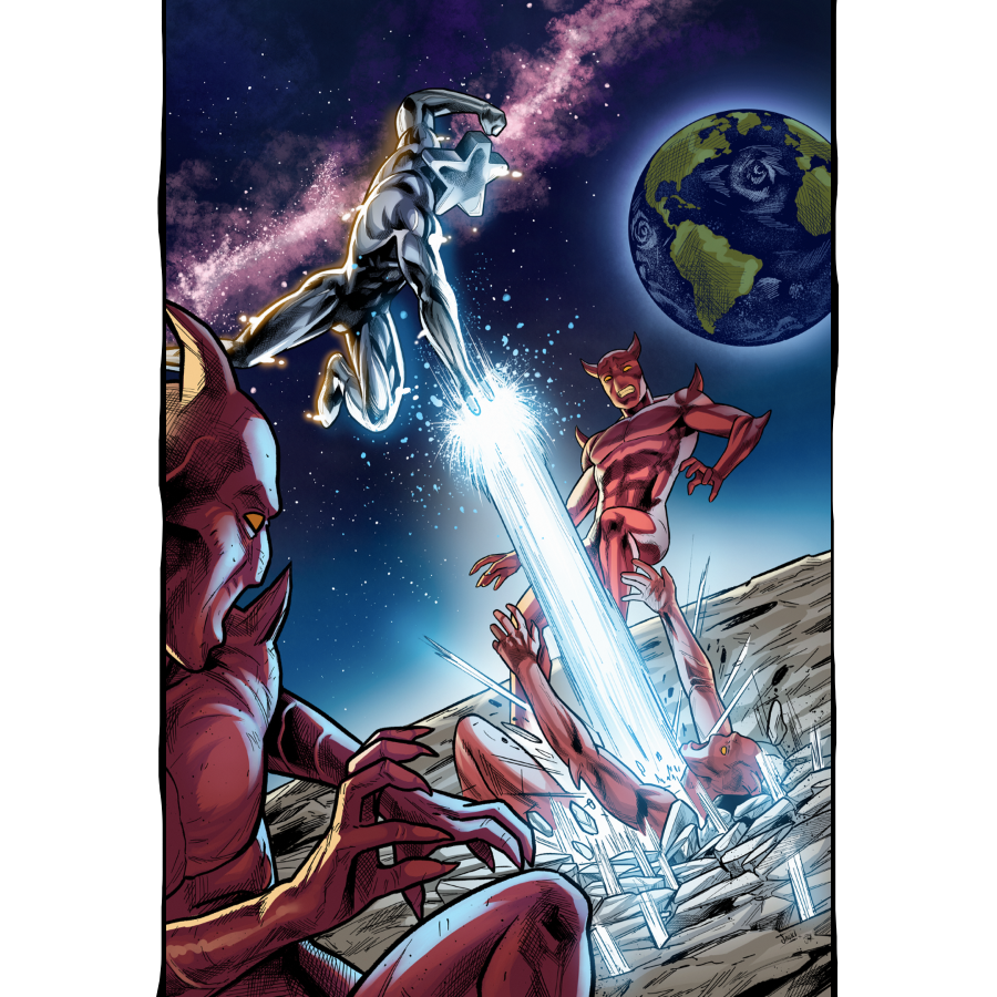 Comic book style illustration showing several red-costumed superhero characters in a space scene with a planet and a bright glowing beam of light.
